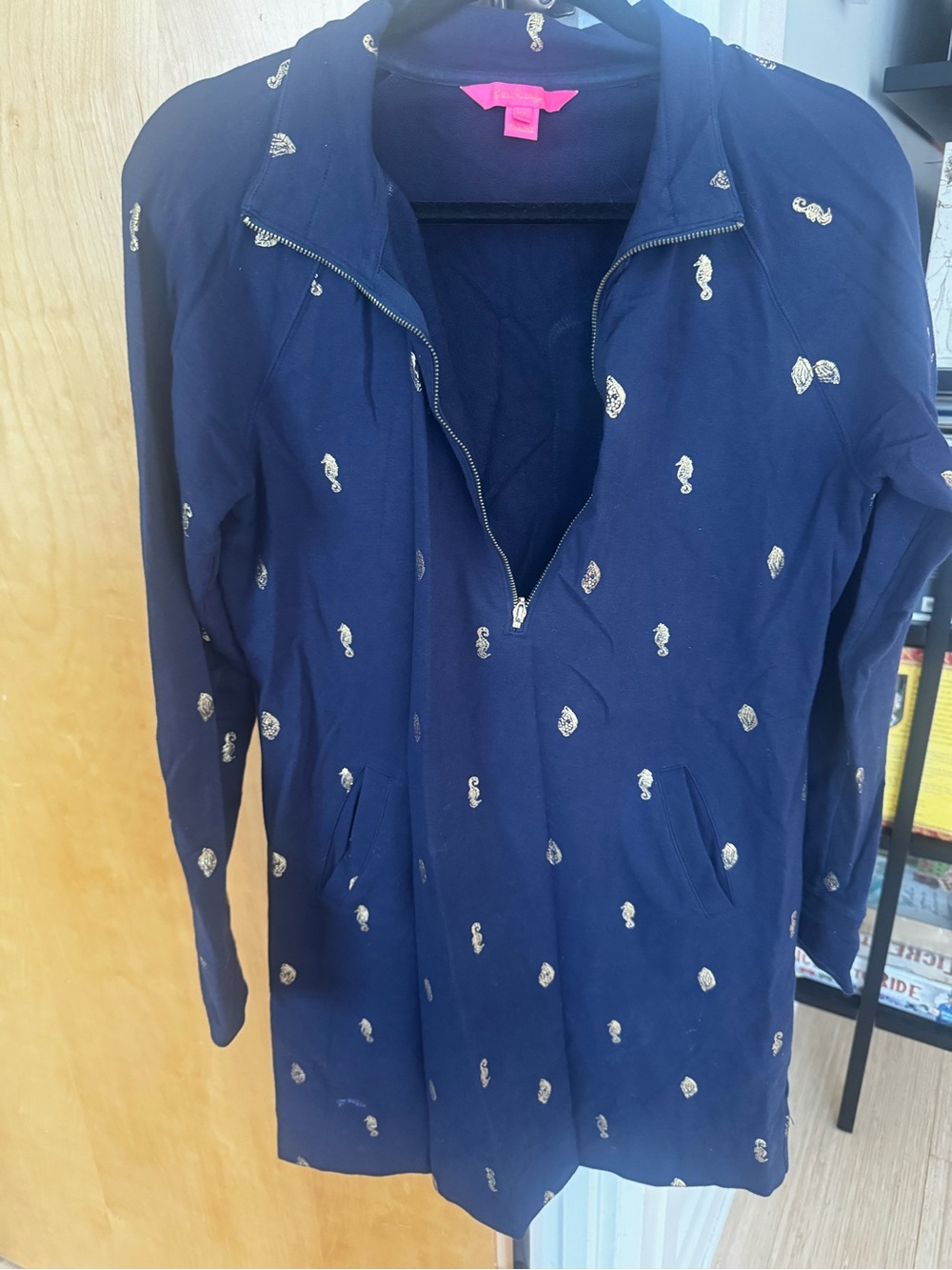 Lilly Pulitzer Navy Blue Beach Dress Coverup with Gold Seahorse Embroidery